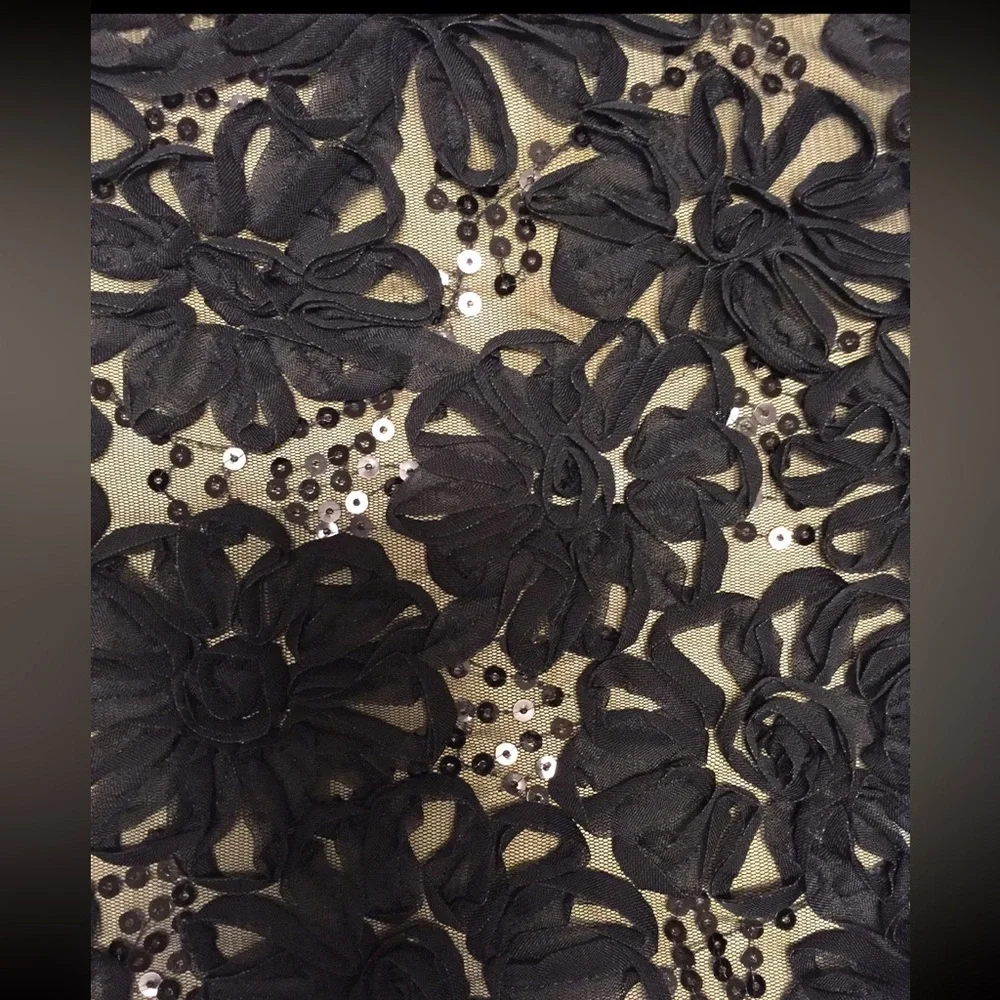 1 YD Black Floral Ribbon 2 Way Stretch Lace with Black Sequins Black Mesh Fabric - Picture 4 of 7
